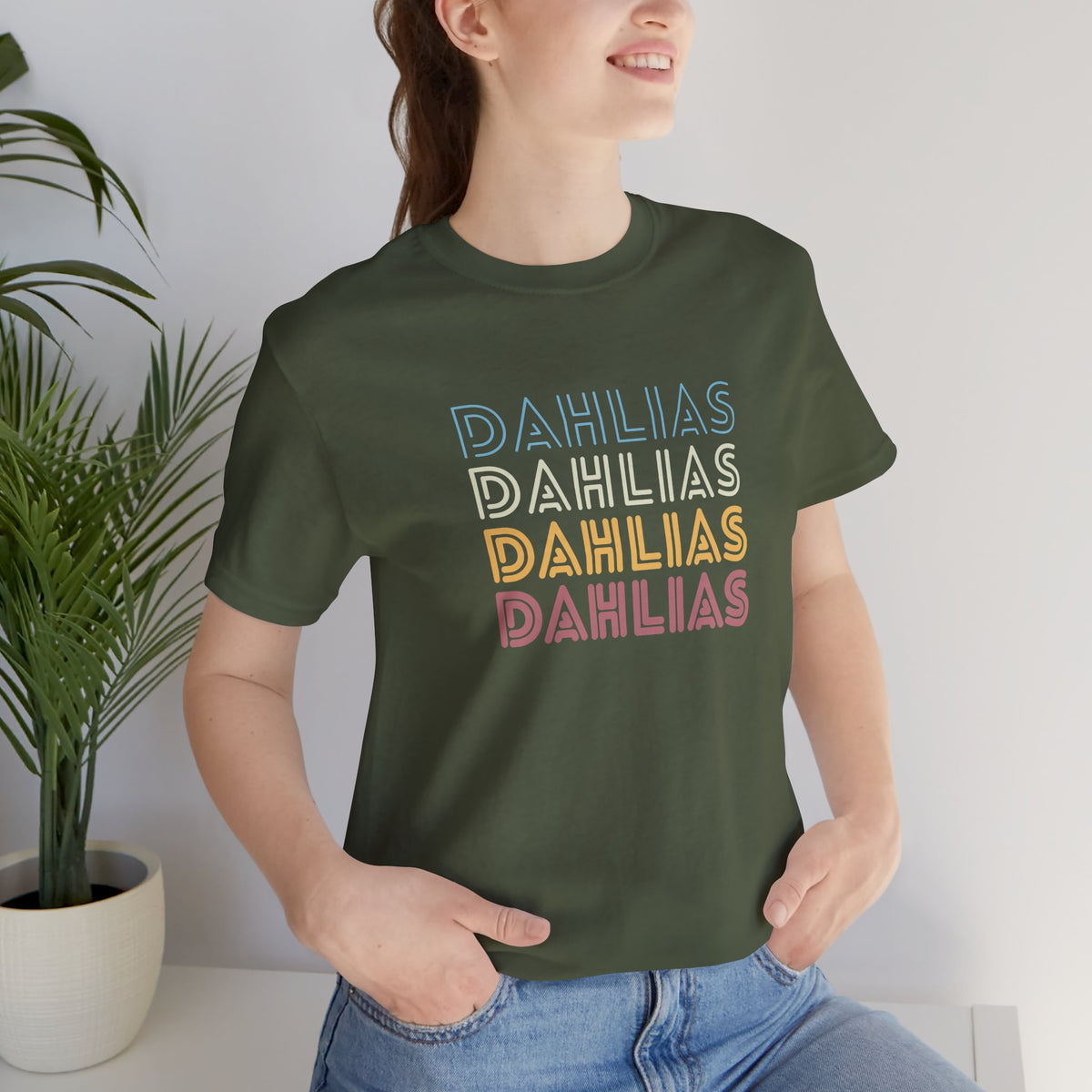 Dahlias Floral Retro Text Tee — Vintage Layered Typography T‑Shirt
