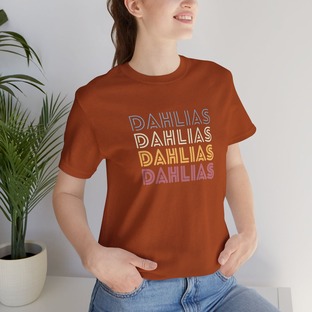 Dahlias Floral Retro Text Tee — Vintage Layered Typography T‑Shirt