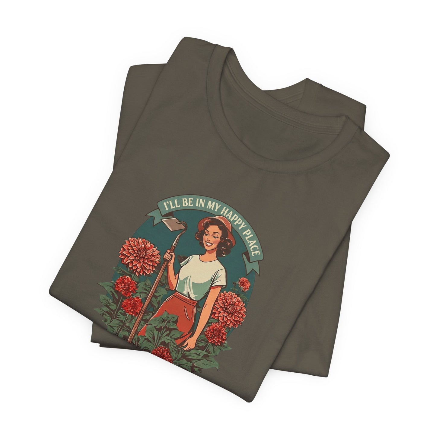 T-Shirt — 'I'll Be In My Happy Place' Dahlias Vintage Floral Retro Graphic Tee