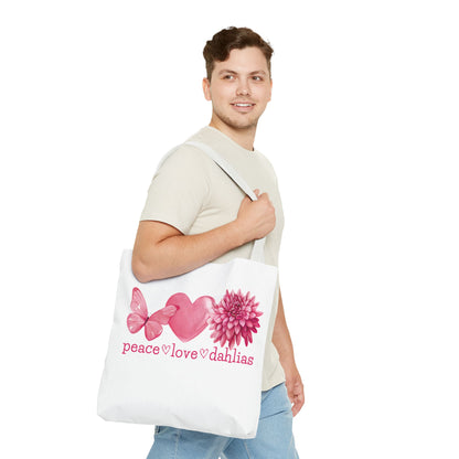 Peace Love Dahlias Tote Bag – Floral Butterfly Heart Gardening Canvas Tote