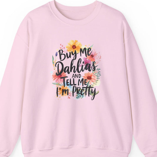 Pink sweatshirt with floral text design on a white background