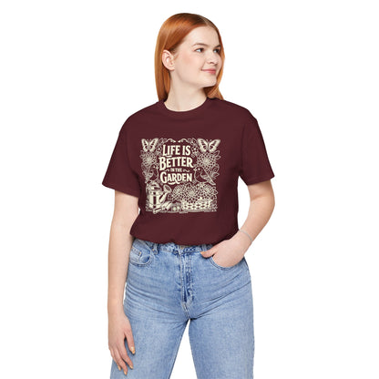 Garden T-Shirt — Life Is Better in the Garden, Vintage Dahlia Retro Bluebird Floral Tee for Gardeners