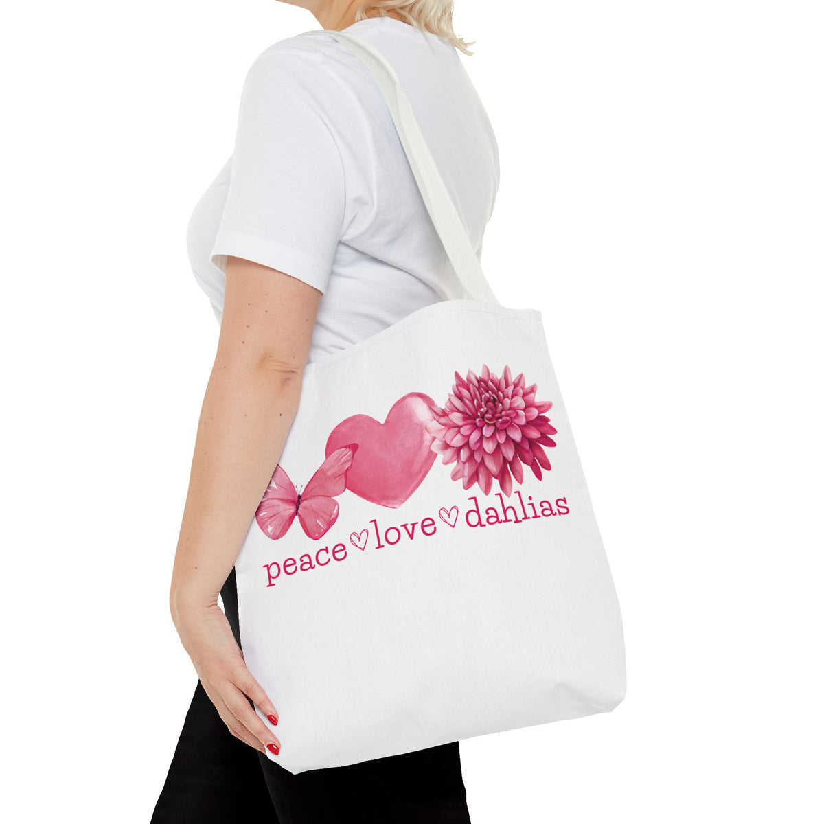 Peace Love Dahlias Tote Bag – Floral Butterfly Heart Gardening Canvas Tote