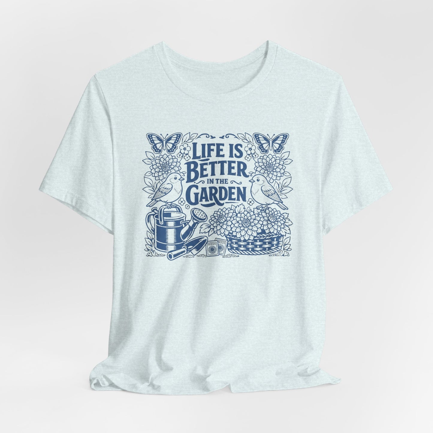 Garden T-Shirt — Life Is Better in the Garden, Vintage Dahlia Retro Bluebird Floral Tee for Gardeners