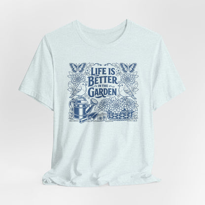 Garden T-Shirt — Life Is Better in the Garden, Vintage Dahlia Retro Bluebird Floral Tee for Gardeners