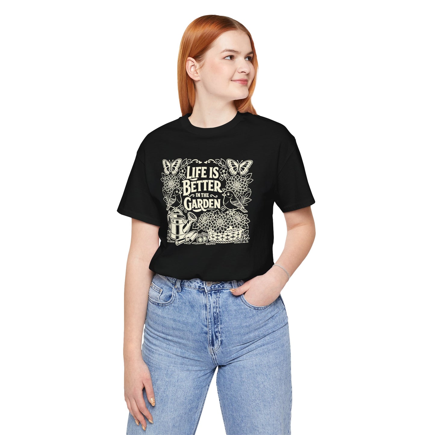 Garden T-Shirt — Life Is Better in the Garden, Vintage Dahlia Retro Bluebird Floral Tee for Gardeners