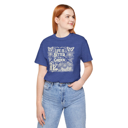 Garden T-Shirt — Life Is Better in the Garden, Vintage Dahlia Retro Bluebird Floral Tee for Gardeners