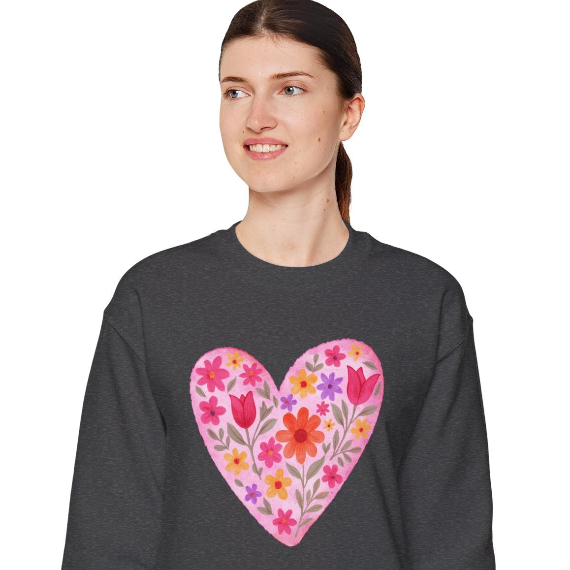 sweatshirt with colorful pink heart and flower power love - flowers throughout/within the heart shape in colors of pink, orange, yellow, purple