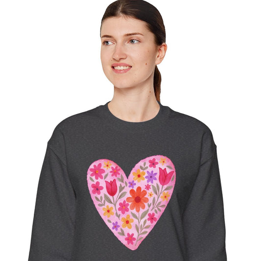 sweatshirt with colorful pink heart and flower power love - flowers throughout/within the heart shape in colors of pink, orange, yellow, purple