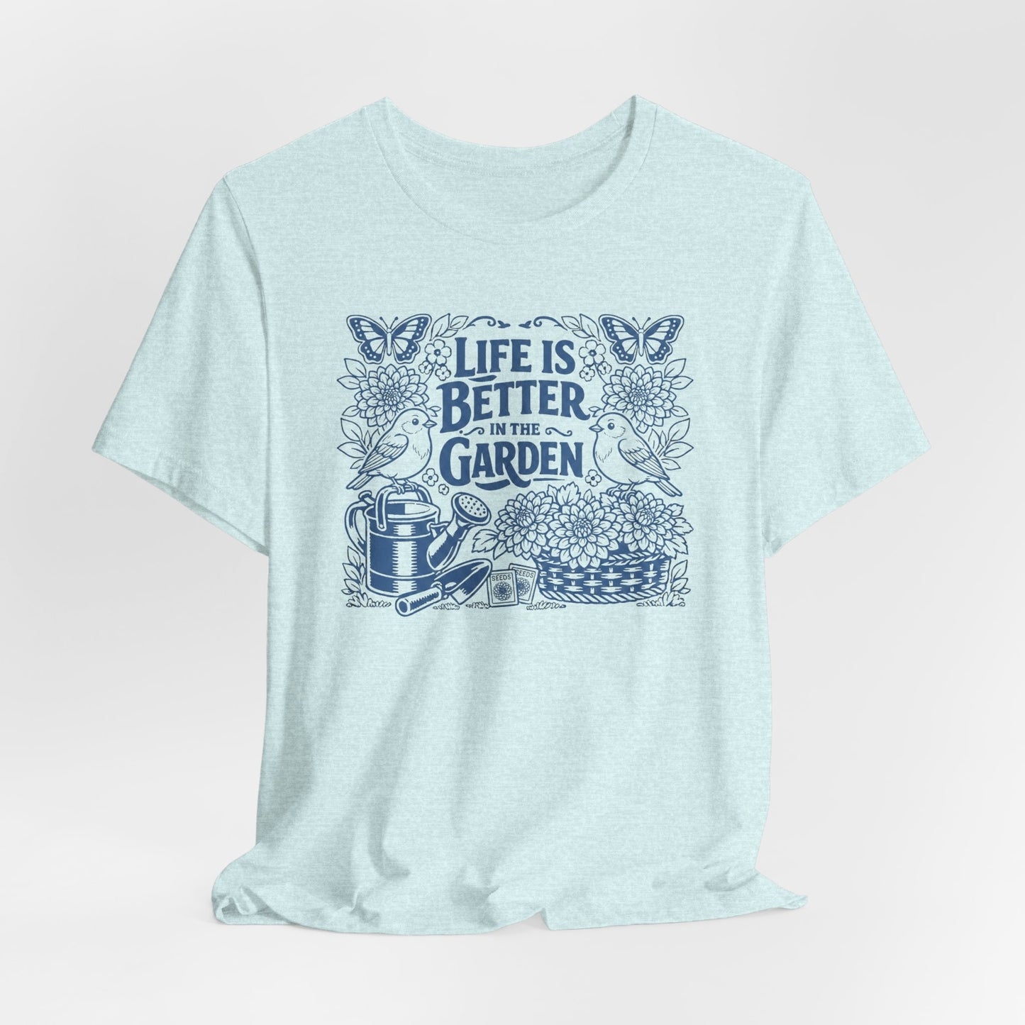 Garden T-Shirt — Life Is Better in the Garden, Vintage Dahlia Retro Bluebird Floral Tee for Gardeners