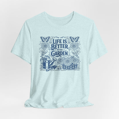 Garden T-Shirt — Life Is Better in the Garden, Vintage Dahlia Retro Bluebird Floral Tee for Gardeners