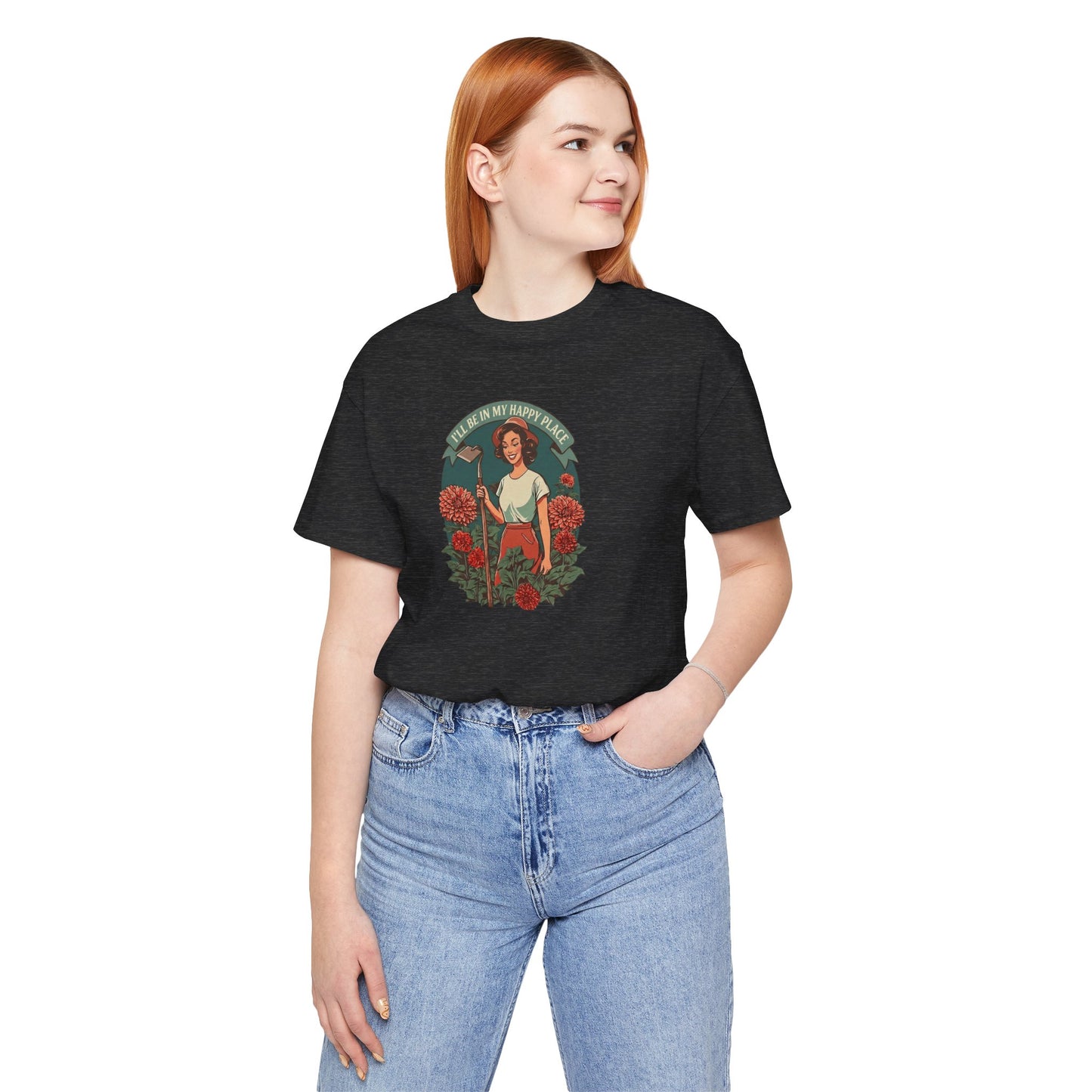 'I'll Be In My Happy Place' Dahlias Vintage Floral Retro Graphic Tee T-shirt