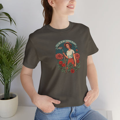 T-Shirt — 'I'll Be In My Happy Place' Dahlias Vintage Floral Retro Graphic Tee