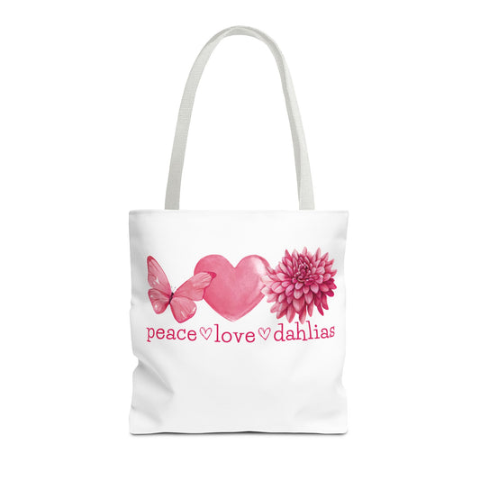 Peace Love Dahlias Tote Bag – Floral Butterfly Heart Gardening Canvas Tote