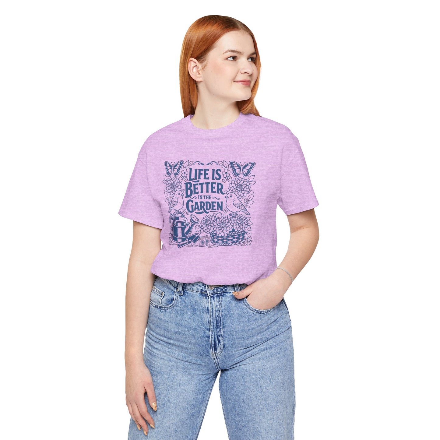 Garden T-Shirt — Life Is Better in the Garden, Vintage Dahlia Retro Bluebird Floral Tee for Gardeners