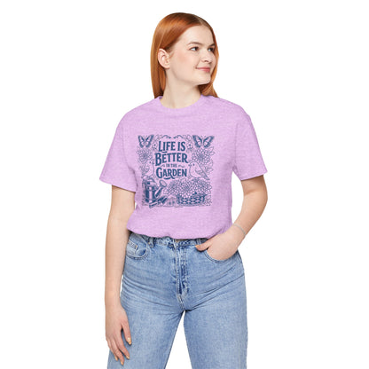 Garden T-Shirt — Life Is Better in the Garden, Vintage Dahlia Retro Bluebird Floral Tee for Gardeners