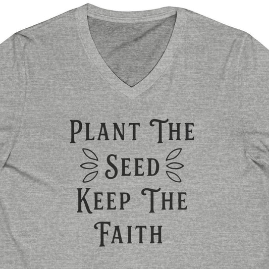 Gray t-shirt with 'Plant The Seed Keep The Faith' text on a white background