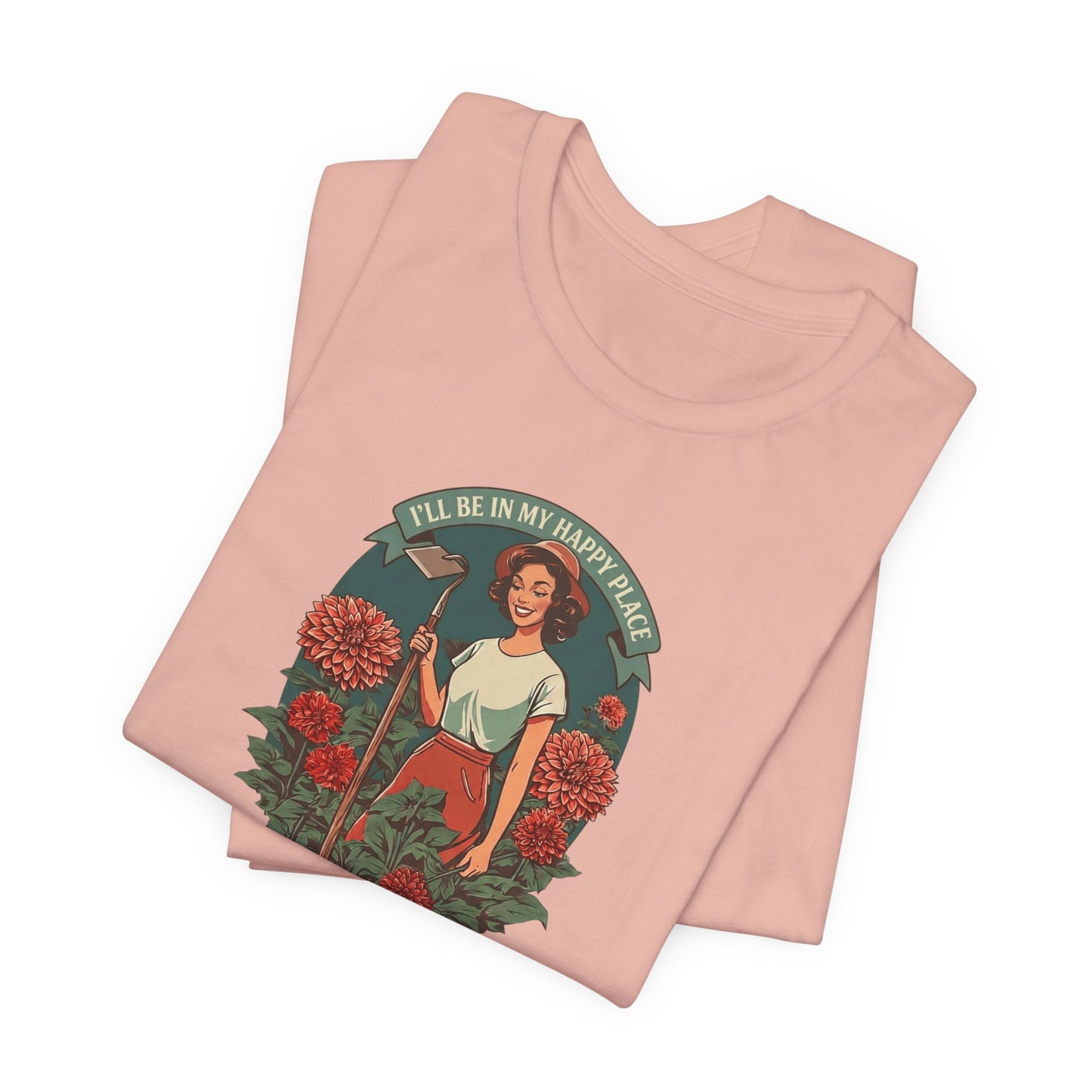 T-Shirt — 'I'll Be In My Happy Place' Dahlias Vintage Floral Retro Graphic Tee