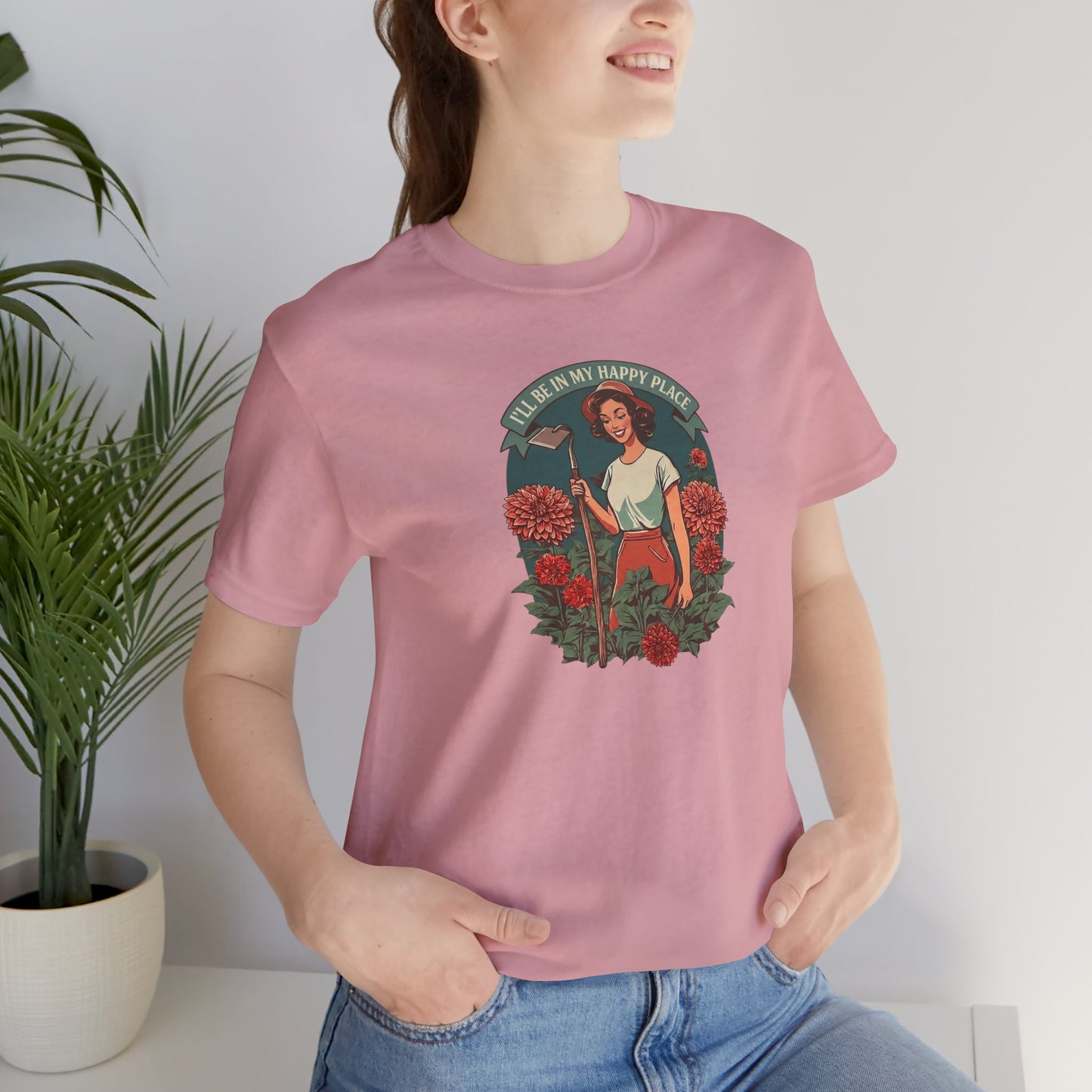 T-Shirt — 'I'll Be In My Happy Place' Dahlias Vintage Floral Retro Graphic Tee