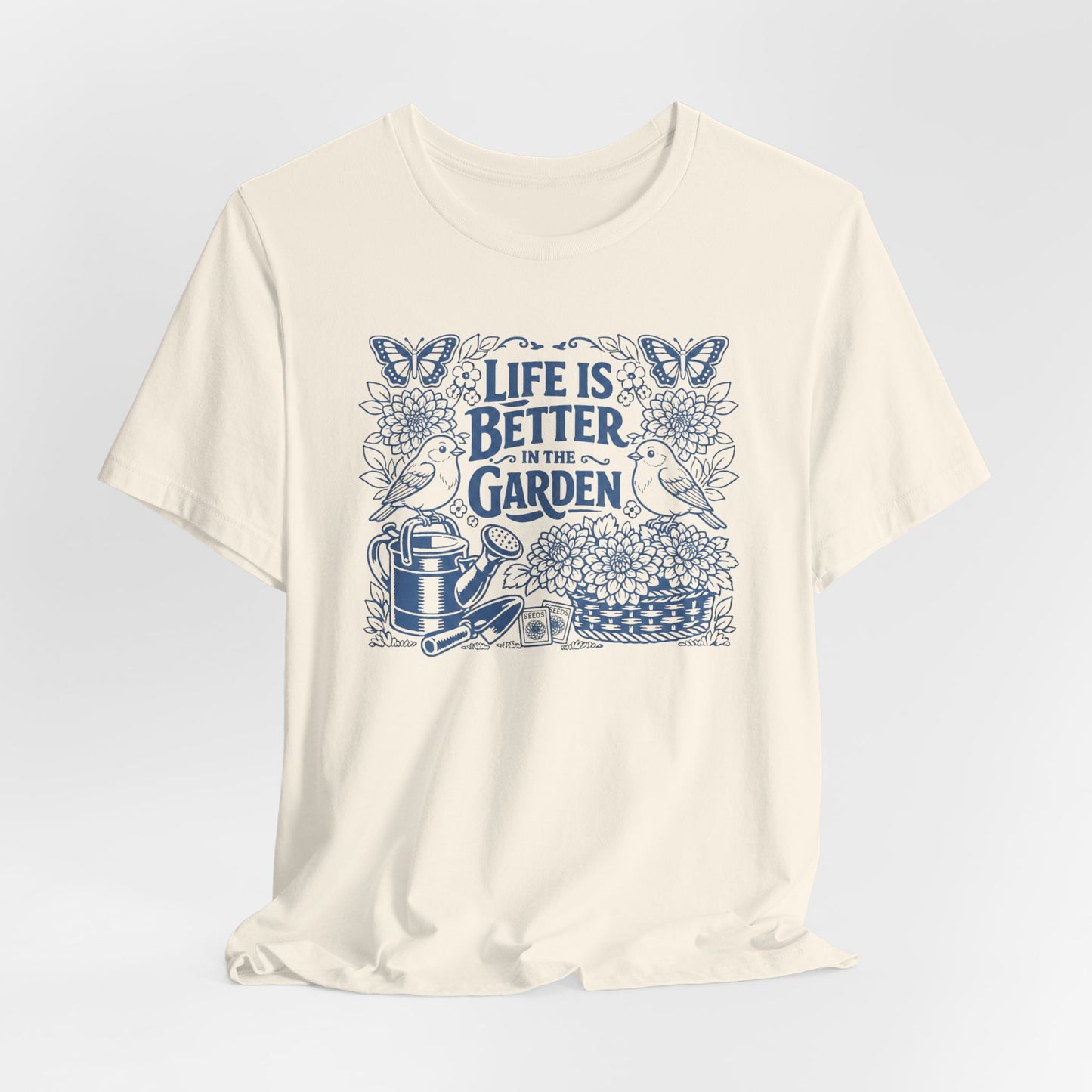 Garden T-Shirt — Life Is Better in the Garden, Vintage Dahlia Retro Bluebird Floral Tee for Gardeners