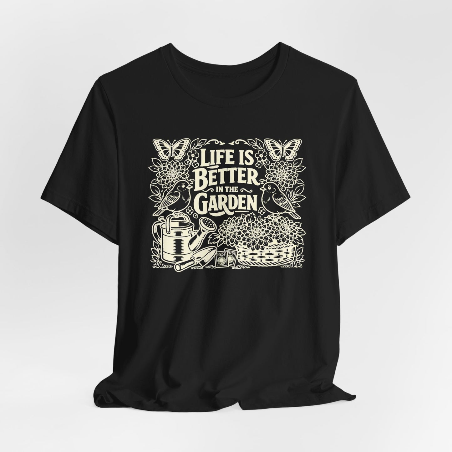 Garden T-Shirt — Life Is Better in the Garden, Vintage Dahlia Retro Bluebird Floral Tee for Gardeners