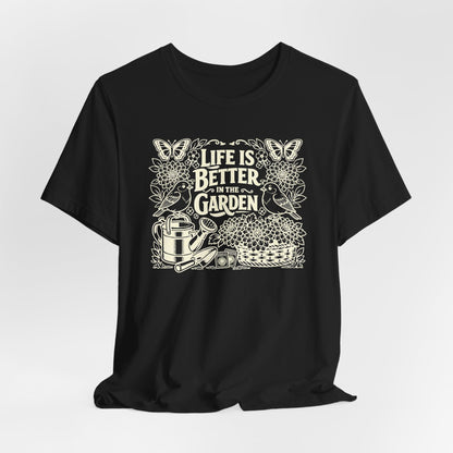 Garden T-Shirt — Life Is Better in the Garden, Vintage Dahlia Retro Bluebird Floral Tee for Gardeners