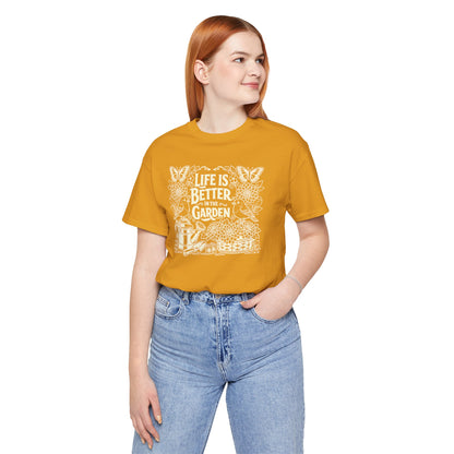Garden T-Shirt — Life Is Better in the Garden, Vintage Dahlia Retro Bluebird Floral Tee for Gardeners
