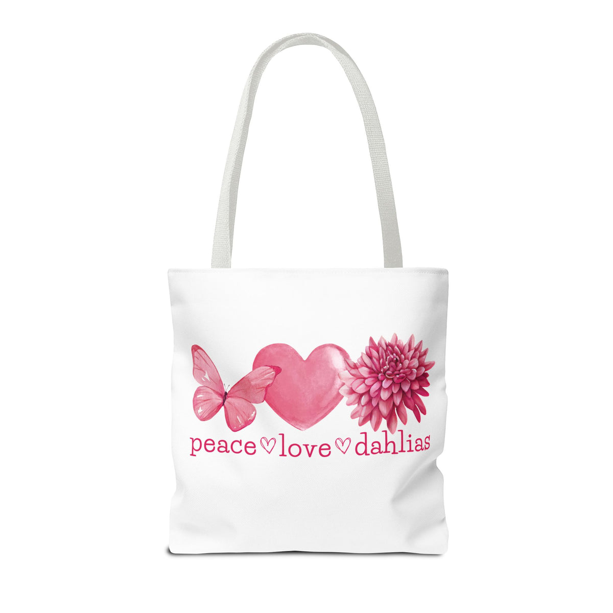 Peace Love Dahlias Tote Bag – Floral Butterfly Heart Gardening Canvas Tote