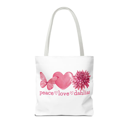 Peace Love Dahlias Tote Bag – Floral Butterfly Heart Gardening Canvas Tote