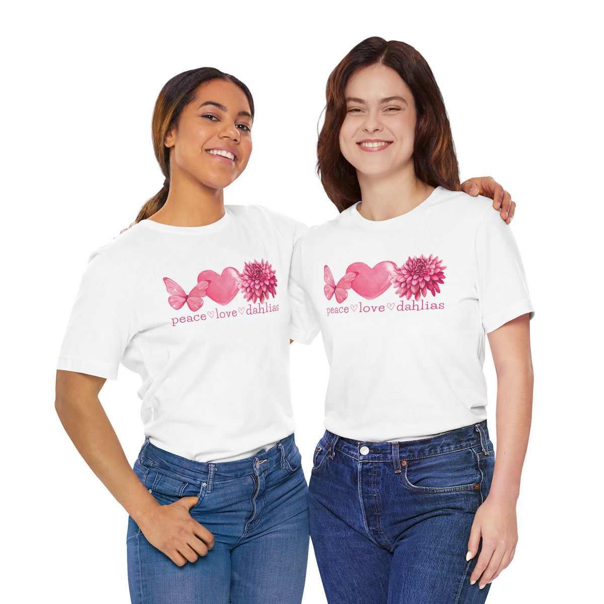 Peace Love Dahlias T-Shirt — Pink Butterfly Heart Dahlia Floral Tee