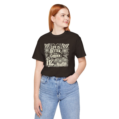 Garden T-Shirt — Life Is Better in the Garden, Vintage Dahlia Retro Bluebird Floral Tee for Gardeners