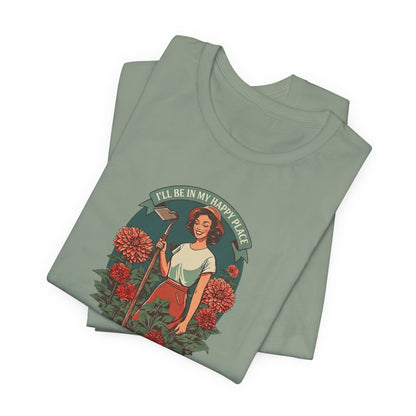 T-Shirt — 'I'll Be In My Happy Place' Dahlias Vintage Floral Retro Graphic Tee
