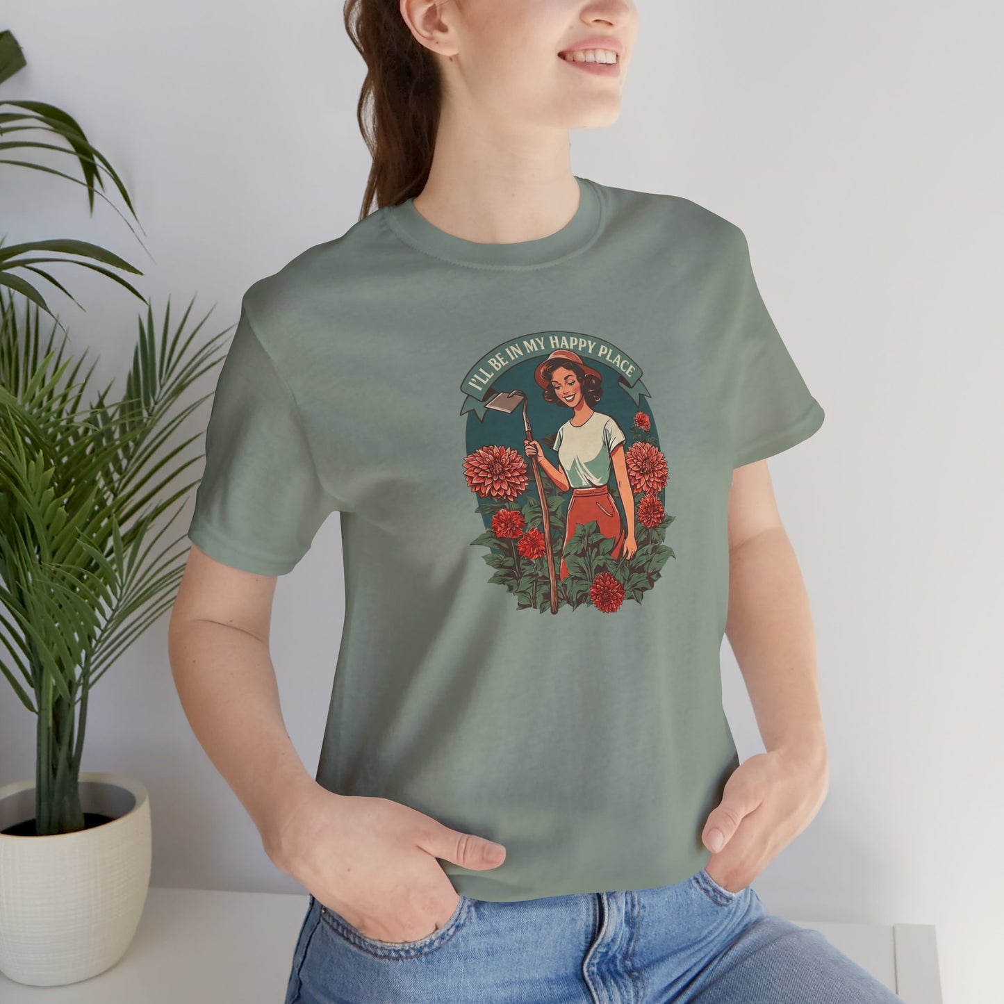 T-Shirt — 'I'll Be In My Happy Place' Dahlias Vintage Floral Retro Graphic Tee