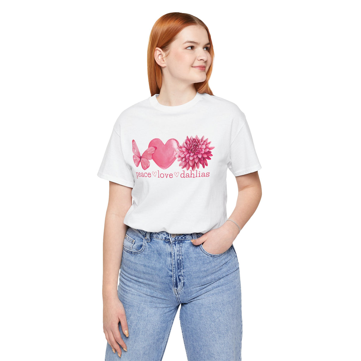 Peace Love Dahlias T-Shirt — Pink Butterfly Heart Dahlia Floral Tee