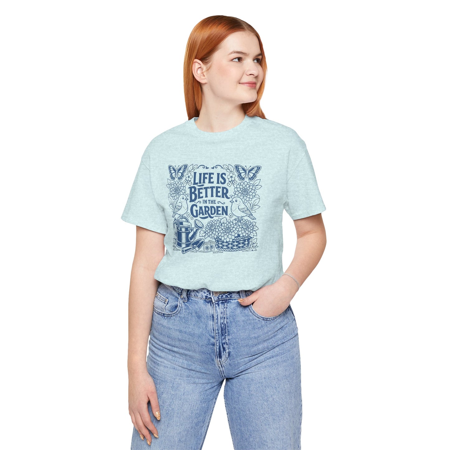Garden T-Shirt — Life Is Better in the Garden, Vintage Dahlia Retro Bluebird Floral Tee for Gardeners